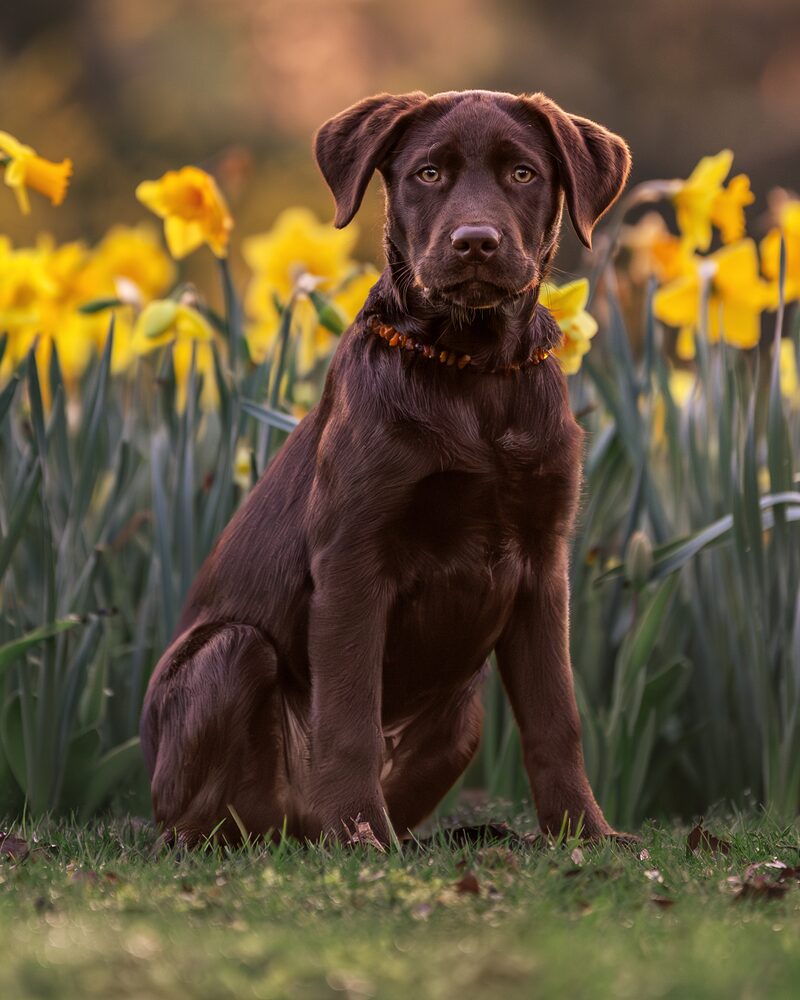 Maddox, der Praxishund der Praxis, ein brauner Labrador, sitzt vor einem Beet blühender Narzissen