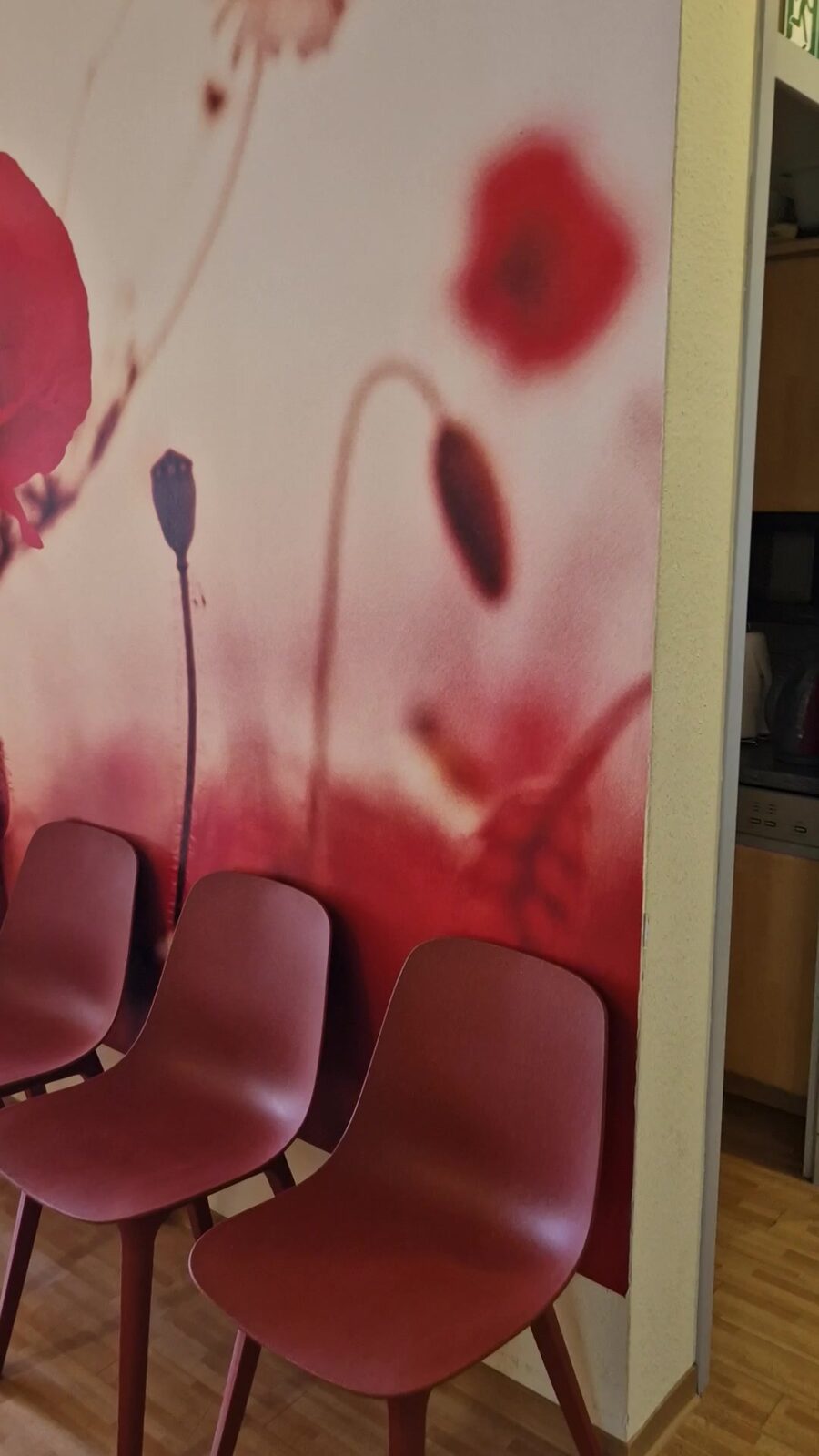 Wartebereich der Praxis mit Sitzgelegenheiten vor einem Mohnblumen-Wandbild